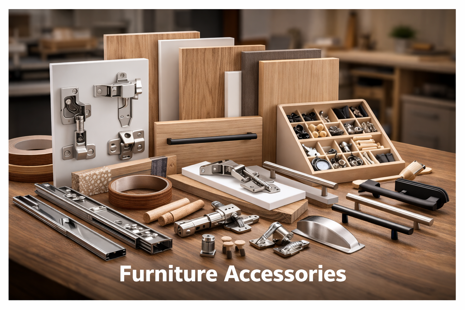 Furniture hardware accessories including slides, hinges and handles