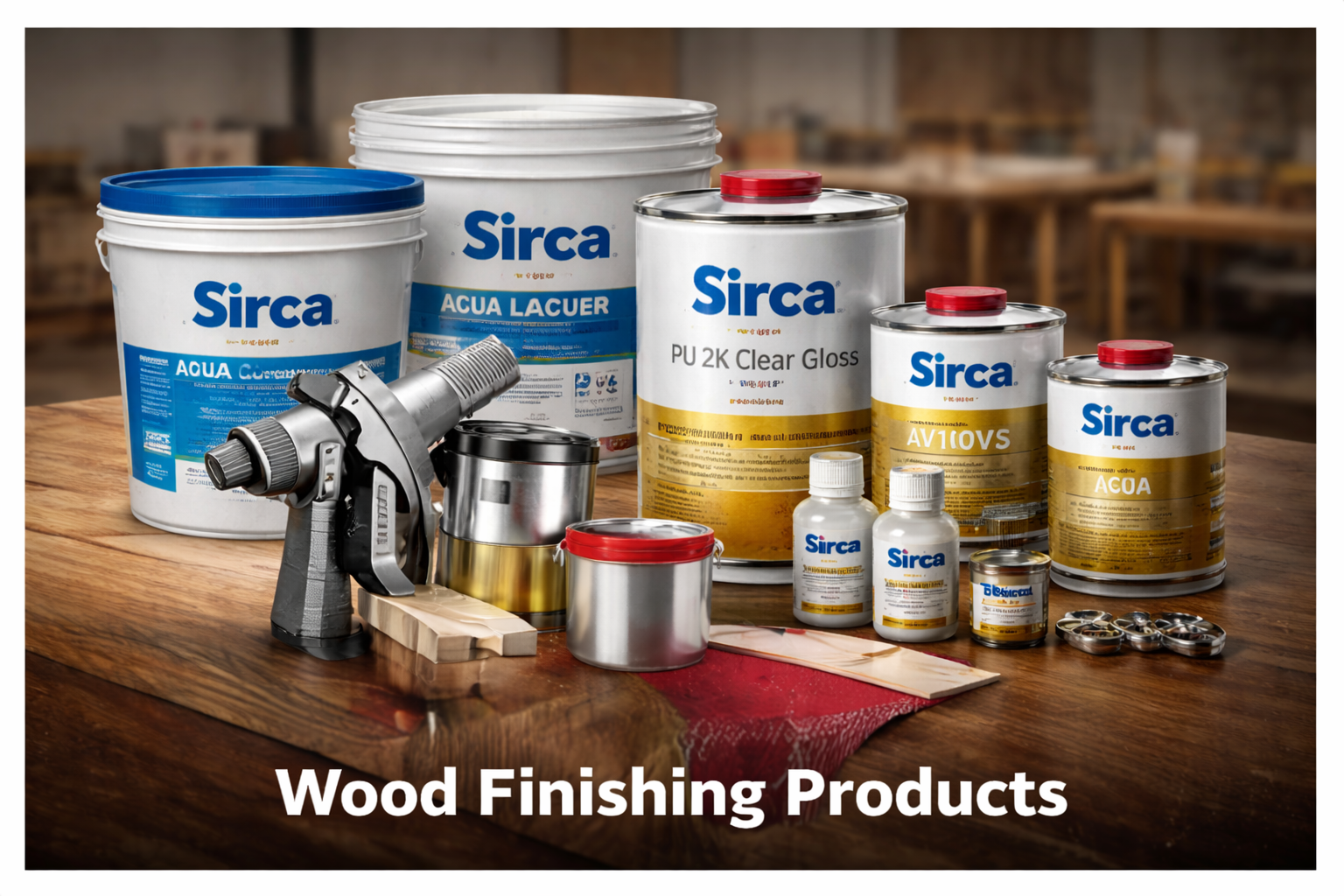 Sirca wood finishing products and coatings on a woodworking table